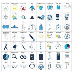 medical icons designed for University of PA; primarily two shades of blue